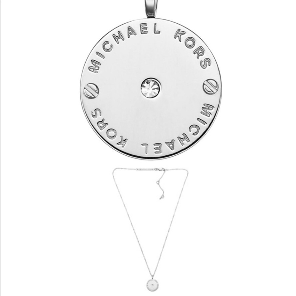 Michael Kors Logo Disc Necklace, in Silver Color